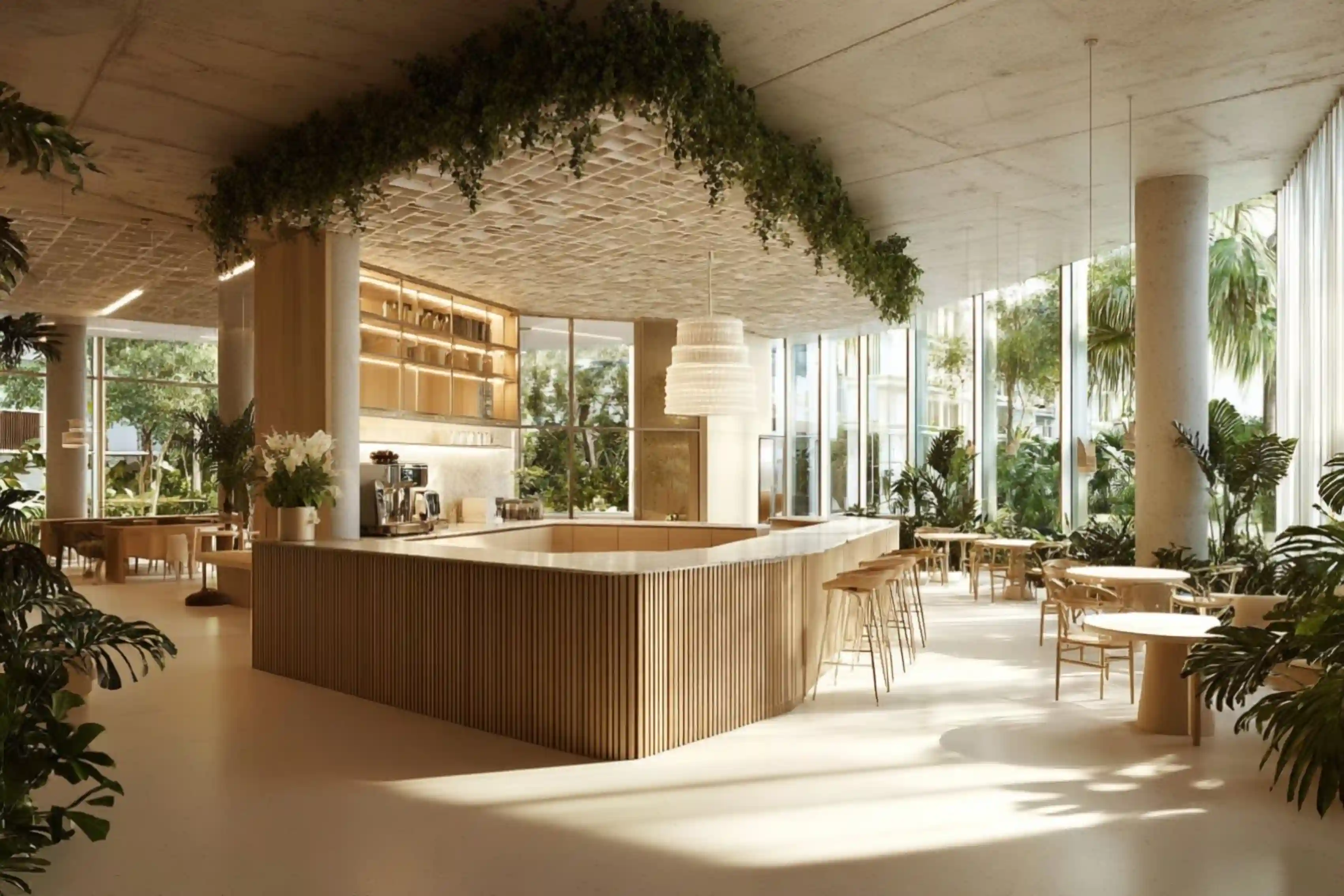Ziggurat Corporate Project - Communal work table with stone base and hanging gardens overhead - AiSpaces.webp